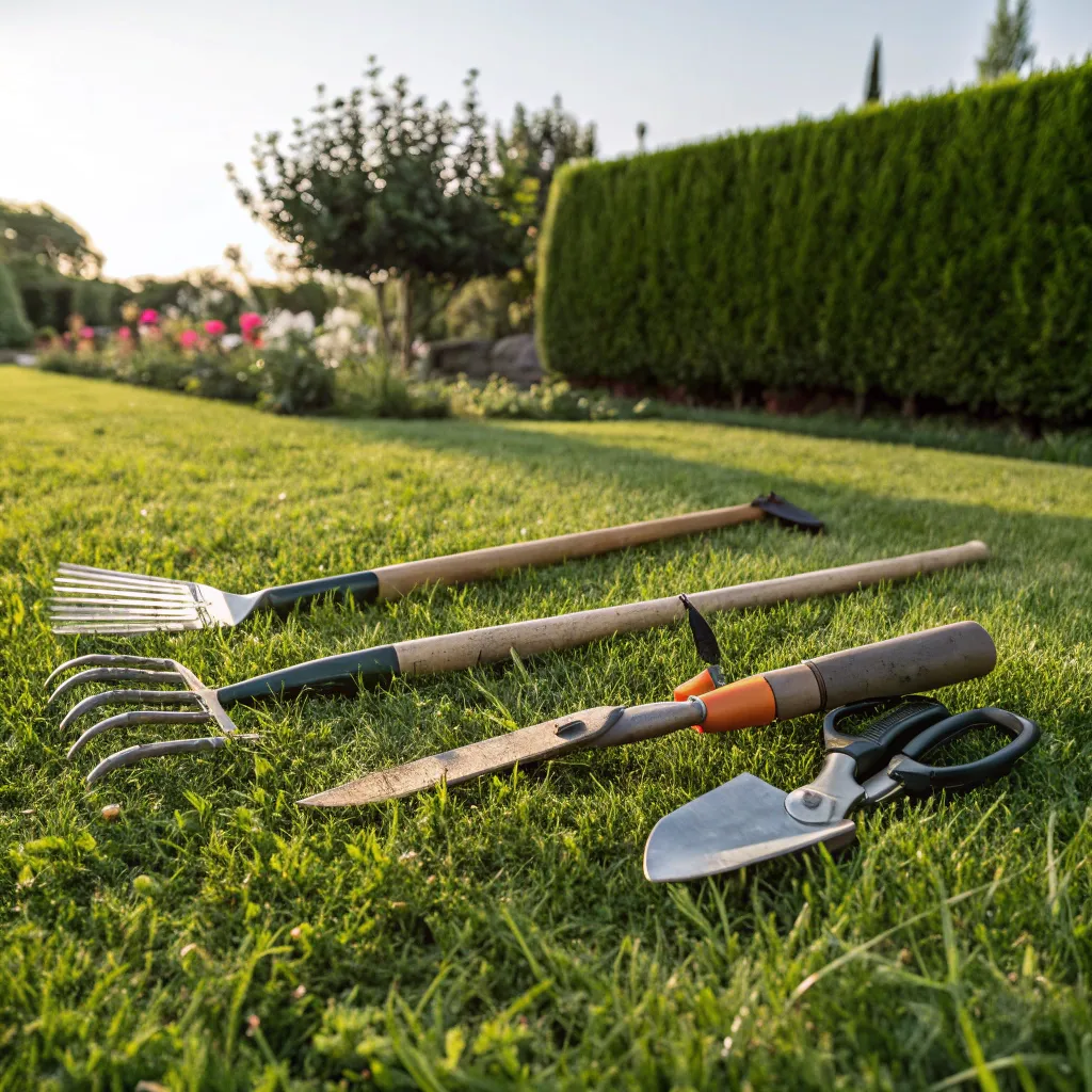 Garden tools laid out on a lush green lawn